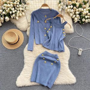 Work Dresses Women Sweats Set Knitted Three-piece Sets Metal Single Breasted O-Neck Cardigan Short Vests Button Mini Skirts Suit