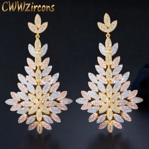 イヤリングCWWZIRCONS LUXURY専用CZリーフドロップ大きなステートメントロングウェディングイヤリング3トーンゴールドカラードバイアフリカンブライドジュエリーCZ676