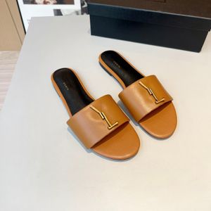 Designer Sandals Luxury Slides Black Brown Green Flat Heels Leather Metallic Gold Letters Womens Ladies Slippers Mules Slides Summer Shoes 2024