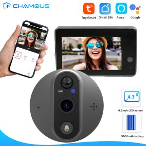 Dörrklockor Tuya Video Doorbell Camera Eye Peephole 1080p HD Mini Video Door Phone med 4,3 -tums LCD -skärm Alexa Google Home Smart Life Home