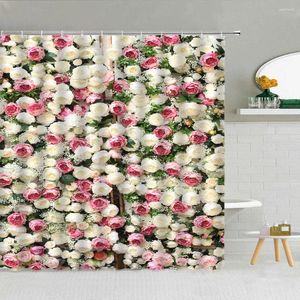 Shower Curtains Spring Floral Scenery Rose Flower Green Leaves Romantic Woman Bathroom Bath Decor Waterproof Cloth Hooks Curtain