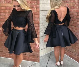 2022 Sexig svart Juliet långa ärmar Homecoming Prom Dress Short Jewel Neck Sequin Pär med två stycken Satin Party Graduation Cocktai4715465