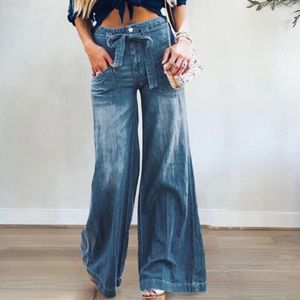 Frauen Jeans dünne trendige Taille Verband Weitbein Frauen bequeme Damen reine Farben Streetwear
