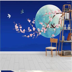 Sfondi Bellissimi paesaggi blu Moonlight Flower Bird Plum dipinto a mano Sfondo dipinti Decorazione della parete