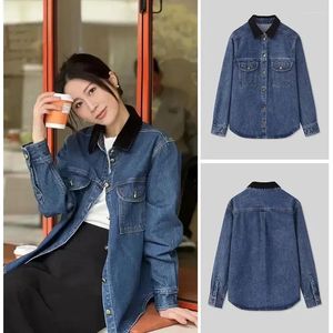 Frauenjacken Frauen Herbst Winter kontrastierender Cordkreuzkreuzgoldene Schnalle Old Money Style Retro Mode Denimjacke