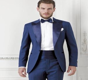 Dark Blue Groom Tuexdos Custom Made Slim Fit Groomsmen Men Wedding Suits Prom Formal Occasion Tuxedos JacketPantsBow TieGirdl3952171