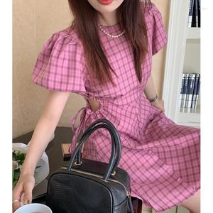 Party Dresses Korean Chic Summer Sweet O Neck Women Vintage Backless Slim High midjeklänning Japansk puffhylsa A-Line