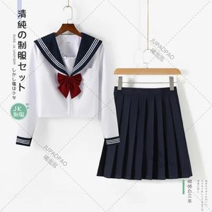 Japansk stil S2XL Studentflickor Skoluniformer Navy Costume Women Sexig JK kostym Sailor Blue Pleated kjol 240325