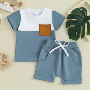 Set di abbigliamento per bambini a 2 pezzi abiti estivi a collo rotondo a manica corta Trota di contrasto elastico pantaloncini per bambini