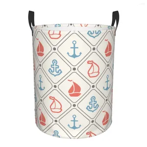 Laundry Bags Folding Basket Anchor Sailboat Nautical Print Round Storage Bin Large Hamper Collapsible Clothes Toy Bucket Organizer