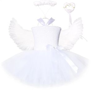 Kostium białego anioła Tutu dla dziewcząt Księżniczka Fairy Cosplay Dress with Wings Halloween Costumes Kids Girl Ubranie 114Y 240326