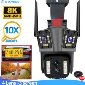 CAMERAS 16MP da 8K Camera WiFi Outdoor 10x Zoom Sorveglianza a quattro lenti Schermata PTZ Sicurezza Video CCTV CCTV Tracciamento ampio angolo