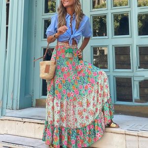 Eleganti gonne da donna maxi 2024 Summer Ruffles Streetwear Style Floral Printe Edge Holiday Boho Beach Lady Casual Skirt 240323