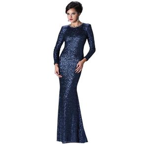 Abito da sera di paillettes blu scuro elegante e dignitoso a manica lunga sexy a coda di pesce sottile di pesce più alta di zecca nuova a collo rotondo Handma3957205