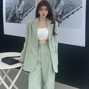 Kvinnors tvåbitar byxor Kvinnor våren Autumn Solid Blazers byxor Stycken Set 2024 Korean Office Lady Graceful Green Suit Wide Leg