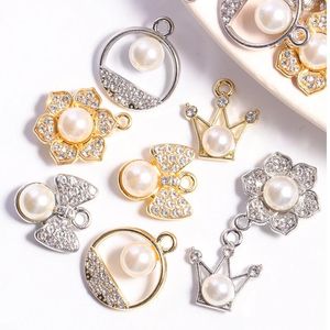 Charms 20Pcs Luxury Gold Plated Rhinestone Inlaid Pearl Flower Crown Pendants For Diy Jewelry Making Women Earrring Necklace Accessorie