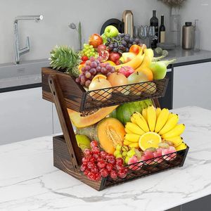 Hooks Wooden Storage Basket Multi-layer Fruit 2-Tier Bowl For Kitchen Counter Food Container Shelves Organizer