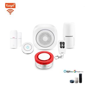 Kits WiFi Home Burnglar Alarmsystem mit Tuya Smart Flash Strobe Sirene 433MHz PIR Bewegungssensorentür Detektor Fernsteuerungstürklingel