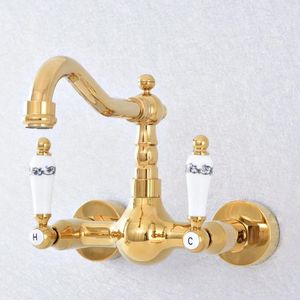 Bathroom Sink Faucets Luxury Polished Gold Brass Double Ceramics Handles Swivel Spout Kitchen Vessel Tap Faucet Wall Mounted Wsf609