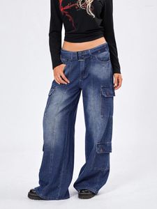 Frauenhose Frauen Herbst Denim Cargo Blue Low Taille Multi-Pockets Hip Hop Girls Jogger Jeans mit Gürtel
