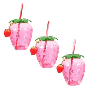 Disposable Cups Straws 3 Pcs Strawberry Cup Party Beverage Plastic Drinking Glasses Water Lid Modeling Cold Juice