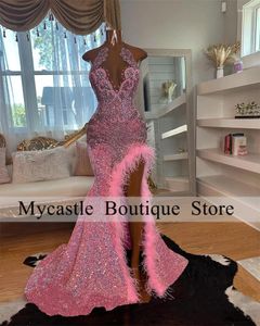 Abiti da festa scintillanti diamanti di strass rosa piume sirena ballo 2024 paillettes glitter cristalli abiti da compleanno