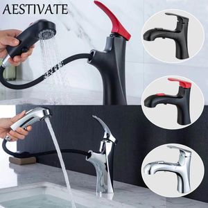 Bathroom Sink Faucets Black Red Basin Faucet Pull Out Brass Mixer Tap & Cold Water Dual Modes Nozzle Chrome