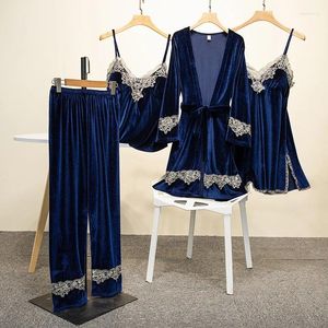 Ev kıyafetleri seksi dantel çiçek bayan robe pijama setleri gelin sosu kimono elbisesi 4pcs kadife v yaka bnondress bornoz pijama takım elbise