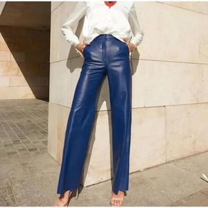 Kvinnors byxor 2024 Elegant Fashion Streetwear Lady Pant Autumn Winter Pu Leather Blue Slim High midja raka byxor Kvinna