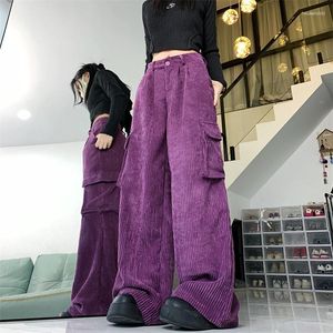 Women's Pants Corduroy Cargo Large Pocket Street Style Fashion Solid Color Female High Waisted Straight Wide Leg Trousers