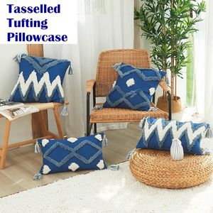 Kudde nordisk blå tufting Tasselled Pudow Case Luxury Geometric Brodery Cotton Throw Case Home Decor Modern Soffa