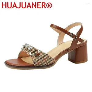 Dress Shoes Summer Women Sandals Crystal Plaid Mid Chunky Heel Open Toe Ladies Pumps Mature Elegant Retro Slingback Cozy Female Mujer