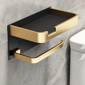 Svart guld toalett papperhållare badrum väggmontering multifunktion wc papper telefonhållare hyllan handduk rullhylla tillbehör 240328