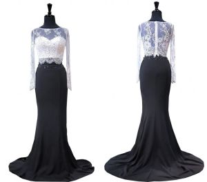 Klänningar sexig svartvit kväll formella klänningar med illusion spets långa ärmar pärlstav sjöjungfrun satin ren nacke billig prom -tävlingsklänning