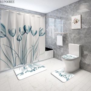 Shower Curtains Tulip Pattern Print Curtain Waterproof Polyester Fabric Bathroom Pedestal Carpet Toilet Cover Lid Bath Mats Rugs