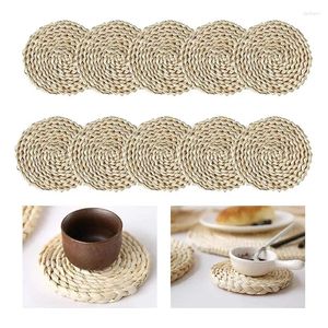 Bordmattor Retail 10 Pack Woven Placemats Round Corn Husk Placemat Rattan för Tea Coffee Heat Isolation Pads 4,3 tum