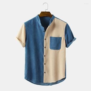 Mäns avslappnade skjortor Kläder Leisure Splicing Summer Short Sleeved Shirt With Corduroy Stand Up Collar and Ropa Hombre