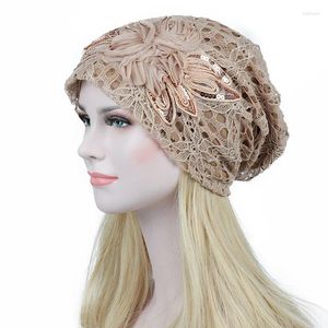 Ethnic Clothing Spring Summer Thin Lace Turban Caps For Women Muslim Beanie Sequins Flower Headscarf Bonnet Lady Hair Loss Cancer Chemo Hat