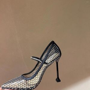 Sandaler Kvinnor Lady Zapatos Mujer Poined Toe High Heels Shoes Crystal Black Mesh Net Sandalias Pumps Bridal Wedding Designers