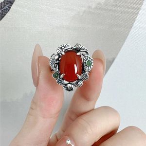 Cluster Rings Chinese Style 925 Sterling Silver Red Agate For Women Vintage Ethnic Finsh Lotus Opening Adjustable Ring Handmade Jewelry