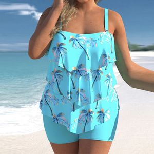 Plus Size Sexy Backless Swim Set Women Cascading Ruffle Suspender Swimwear Summer Bikini Swimdress Cartoon Print Beachwear 240411