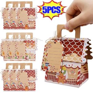 Gift Wrap 5/1PCS Christmas House Shape Candy Box Santa Claus Favor Packaging With Rope Tag Merry
