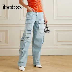 Women's Jeans Cargo Women Light Blue Zipper Straight Denim Pants With Pockets 2024 Summer Outfits Y2K Clothings High Street Trousers