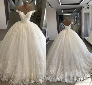 Klänningar eleganta från axelbollklänningen bröllopsklänningar spets applikation svep tåg anpassad plus size brud klänning vestido de novia