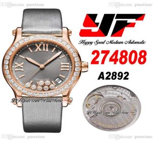 Happy Sport 36 274808 A2892 Automatiska kvinnors damer Watch Rose Gold Diamonds Bezel Grey Textured Dial Roman Markers Satin Strap SU7623242