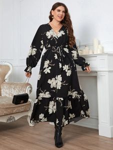 Plus Size Summer Women Dress Wraped V Neck Swing Dresses Midjebältet Floral Pring Robe Ruffle Hem Longeple's Female Sundress 240326