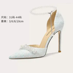 Sandaler Spring/Summer Pointed Lace Pearl -paljett med tunna höga klackar för bankett mångsidiga stora och små kvinnor enstaka sko