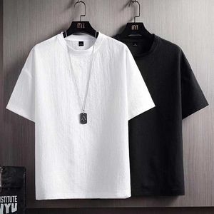 Linen Short Sleeve T-shirt Mens Summer New Half Cotton Solid Color Loose Bottomed Shirt White Five Point