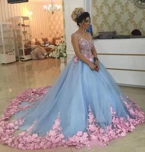 Baby Blue 3D Floral Masquerade Ball Gown Quinceanera Dresses Luxury Cathedral Train Flowers Prom Gowns Sweety Girls 16 Years Dress1532722