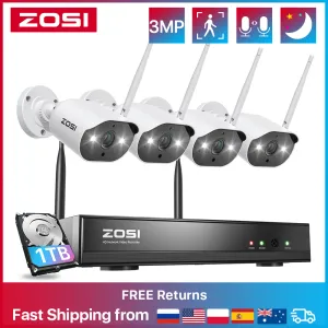 Sistema Zosi Sistema de Câmera de Segurança sem fio, 2K H.265+ 8CH CCTV NVR, 4pcs 8pcs 3mp câmeras de vigilância de Wi -Fi externo 3MP